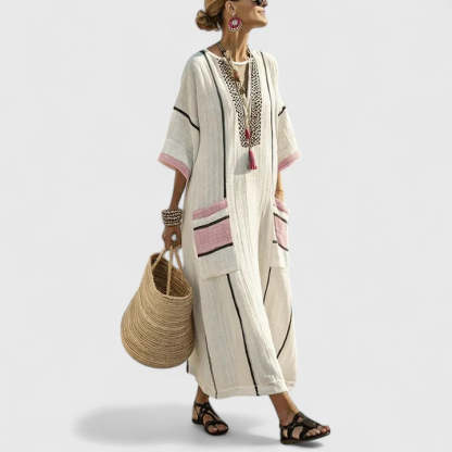 Natural linen maxi dress with pink and black trim details