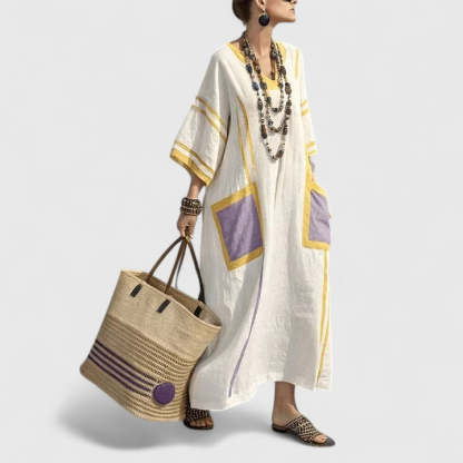Cream maxi dress with yellow and purple color-block trim pockets