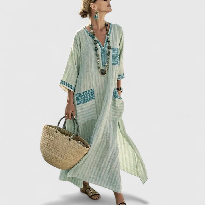 Sage green striped linen maxi dress with teal trim accents