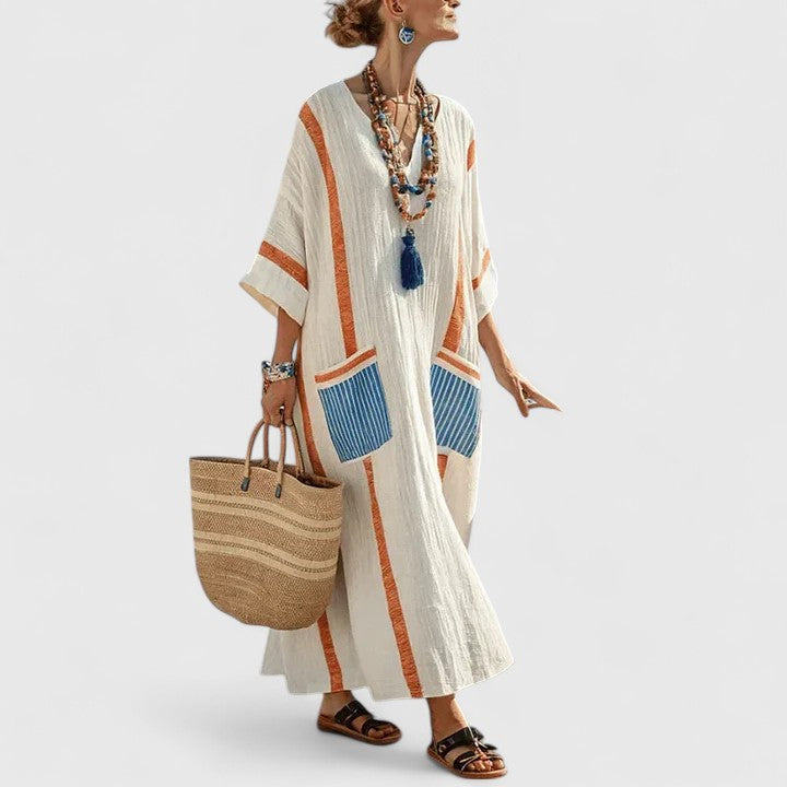 Off-white maxi dress with orange and blue striped trim pockets