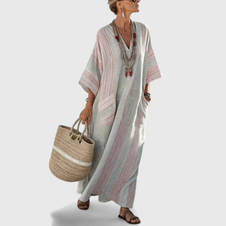 Gray maxi dress with rose and white striped trim details