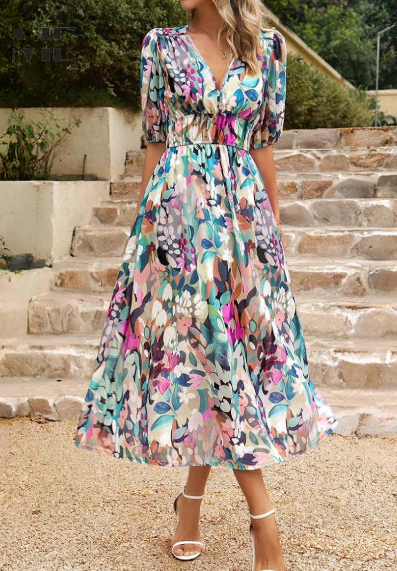 Front view of colorful floral midi dress with puffed sleeves
