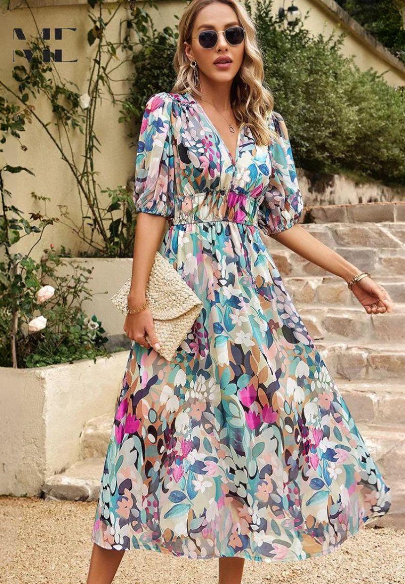 Multicolor floral midi dress with v-neckline and puff sleeves