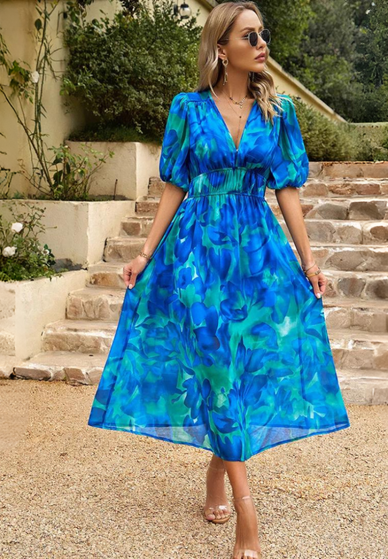 Blue and teal abstract floral midi dress with puffed sleeves