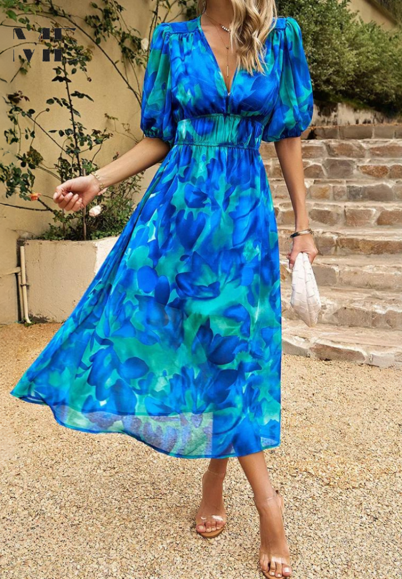 Blue teal floral midi dress with asymmetrical hem and puff sleeves