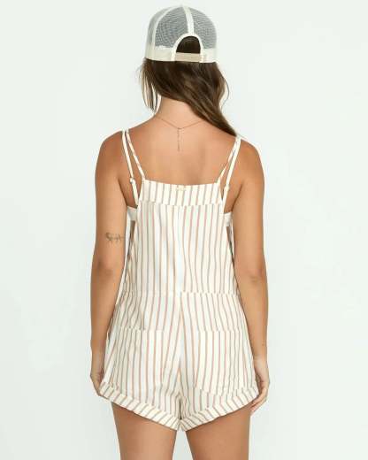 Back view of women's striped mini romper with adjustable double straps and back pocket
