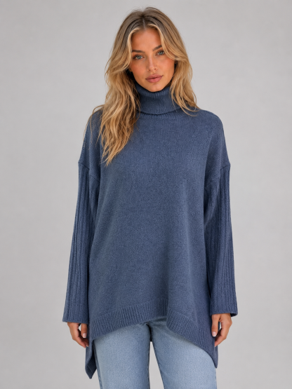 Ansley Roll Neck Oversized Longline Sweater - Blue