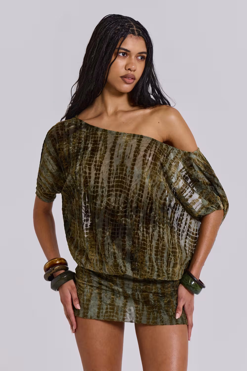 Olive devoré velvet off-shoulder mini dress with blouson sleeves for women