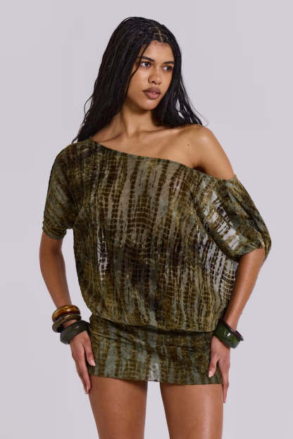 Olive devoré velvet off-shoulder mini dress with blouson sleeves for women