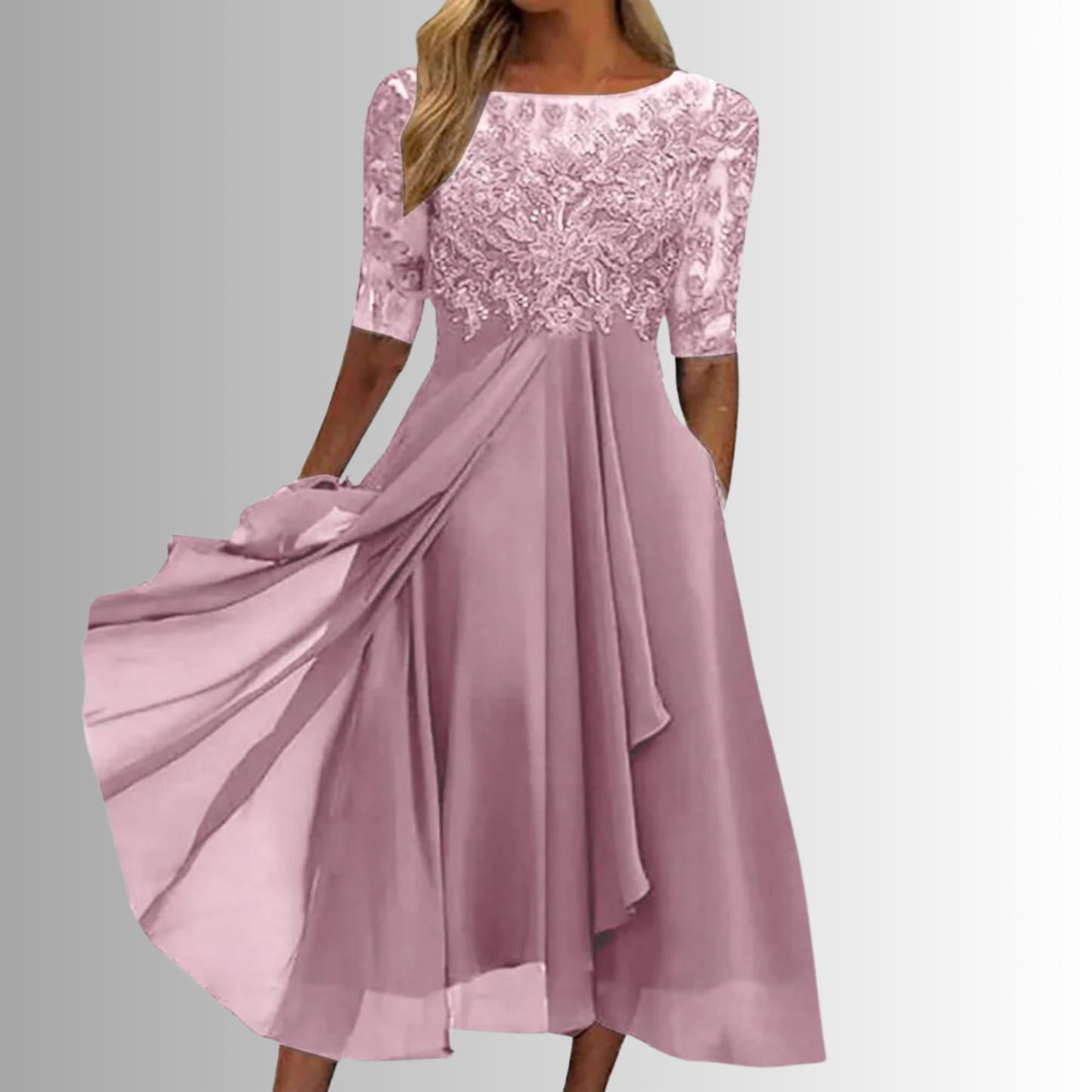 Dusty rose lace midi dress with half sleeves and draped chiffon hem