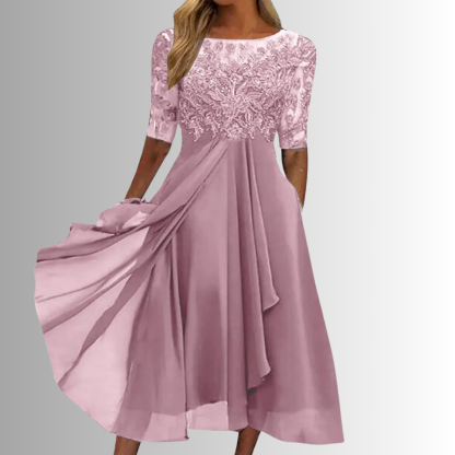 Dusty rose lace midi dress with half sleeves and draped chiffon hem
