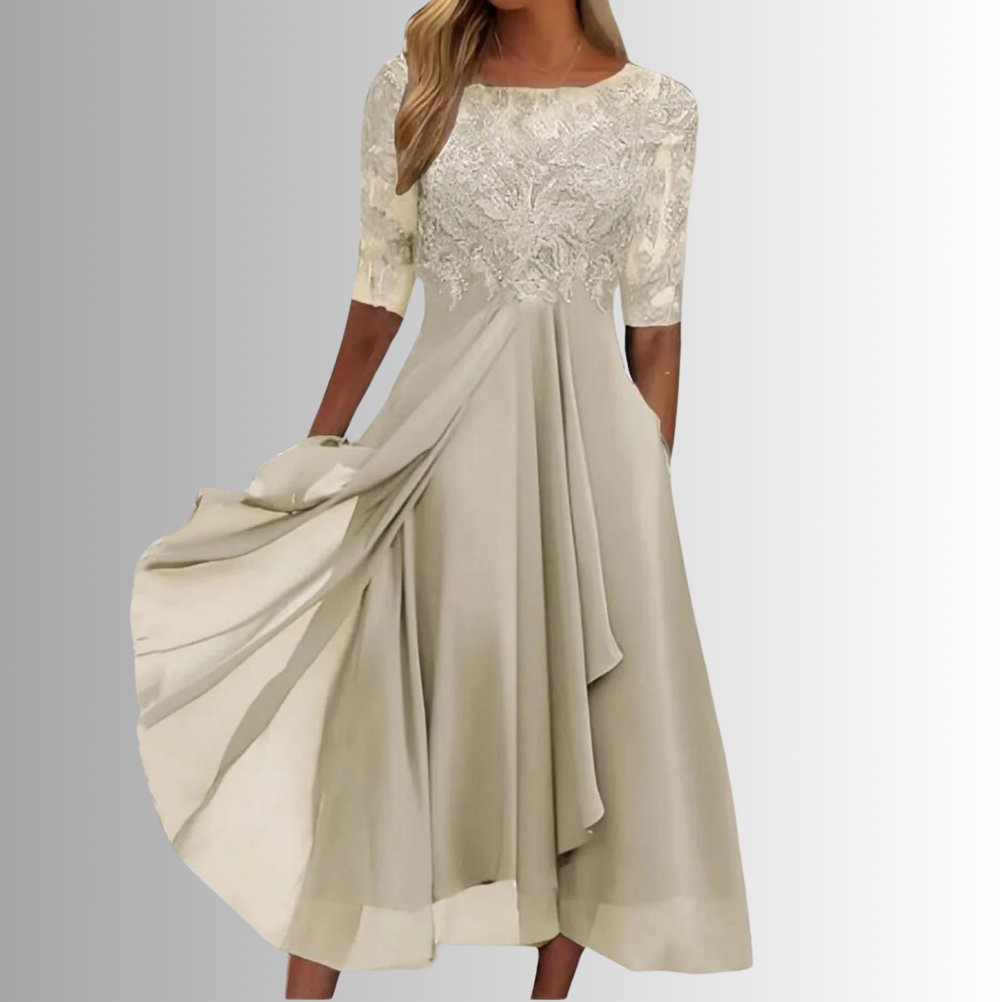 Champagne lace midi dress with three-quarter sleeves and flowing skirt