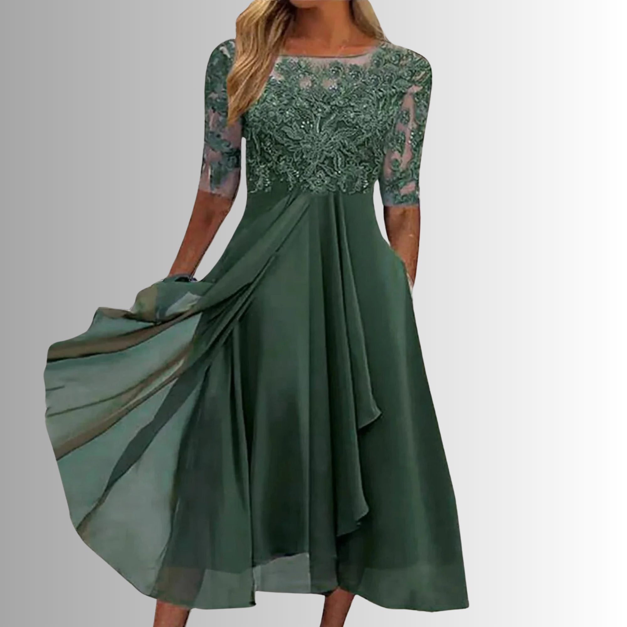 Sage green lace midi dress with half sleeves and draped chiffon layers