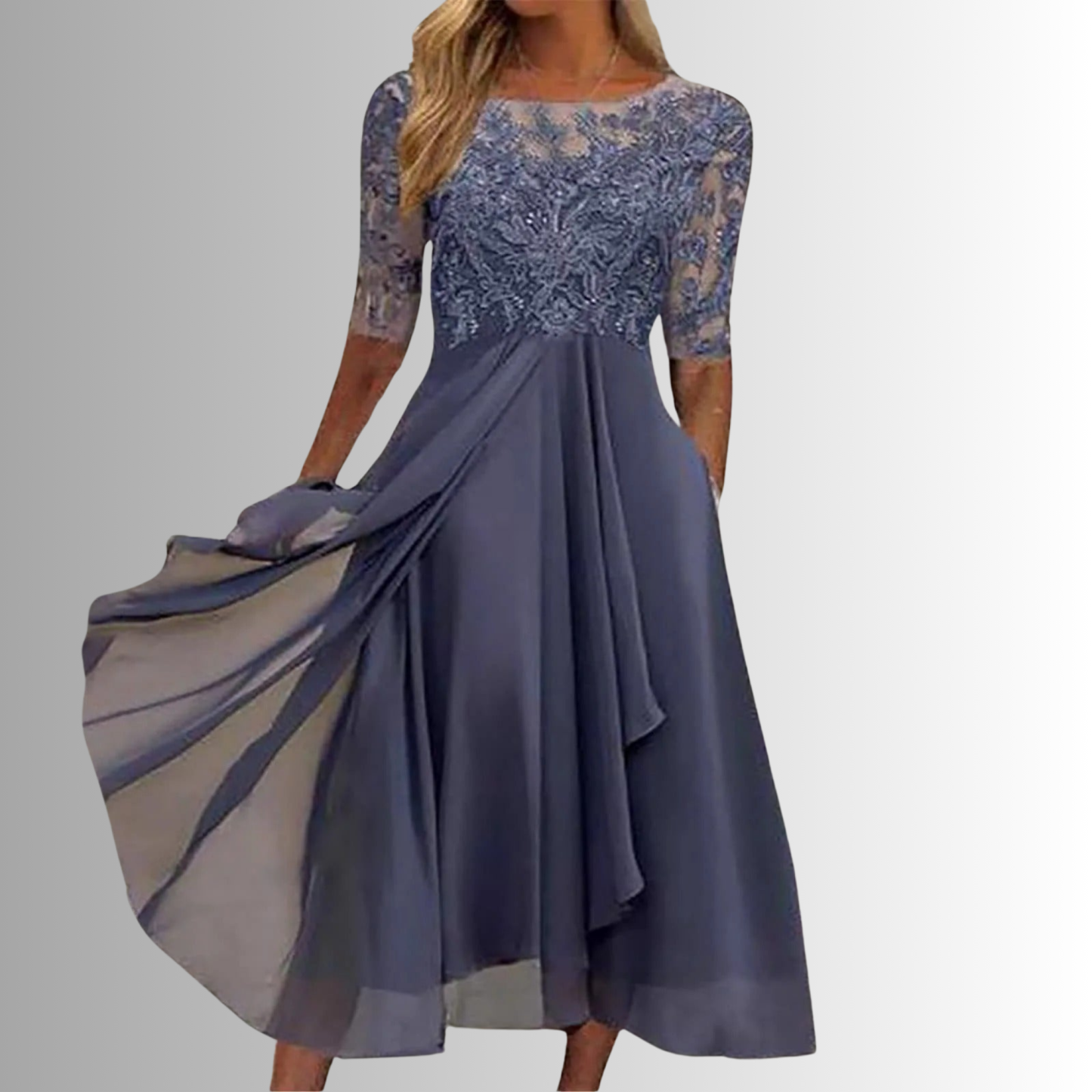 Navy lace midi dress back view showing intricate lace detailing and flowing skirt