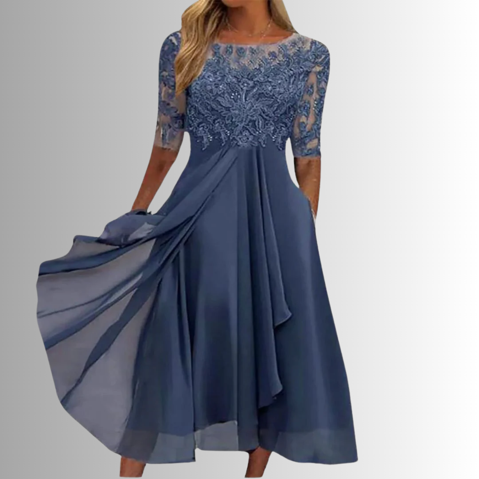 Navy lace midi dress with three-quarter sleeves and flowing chiffon skirt