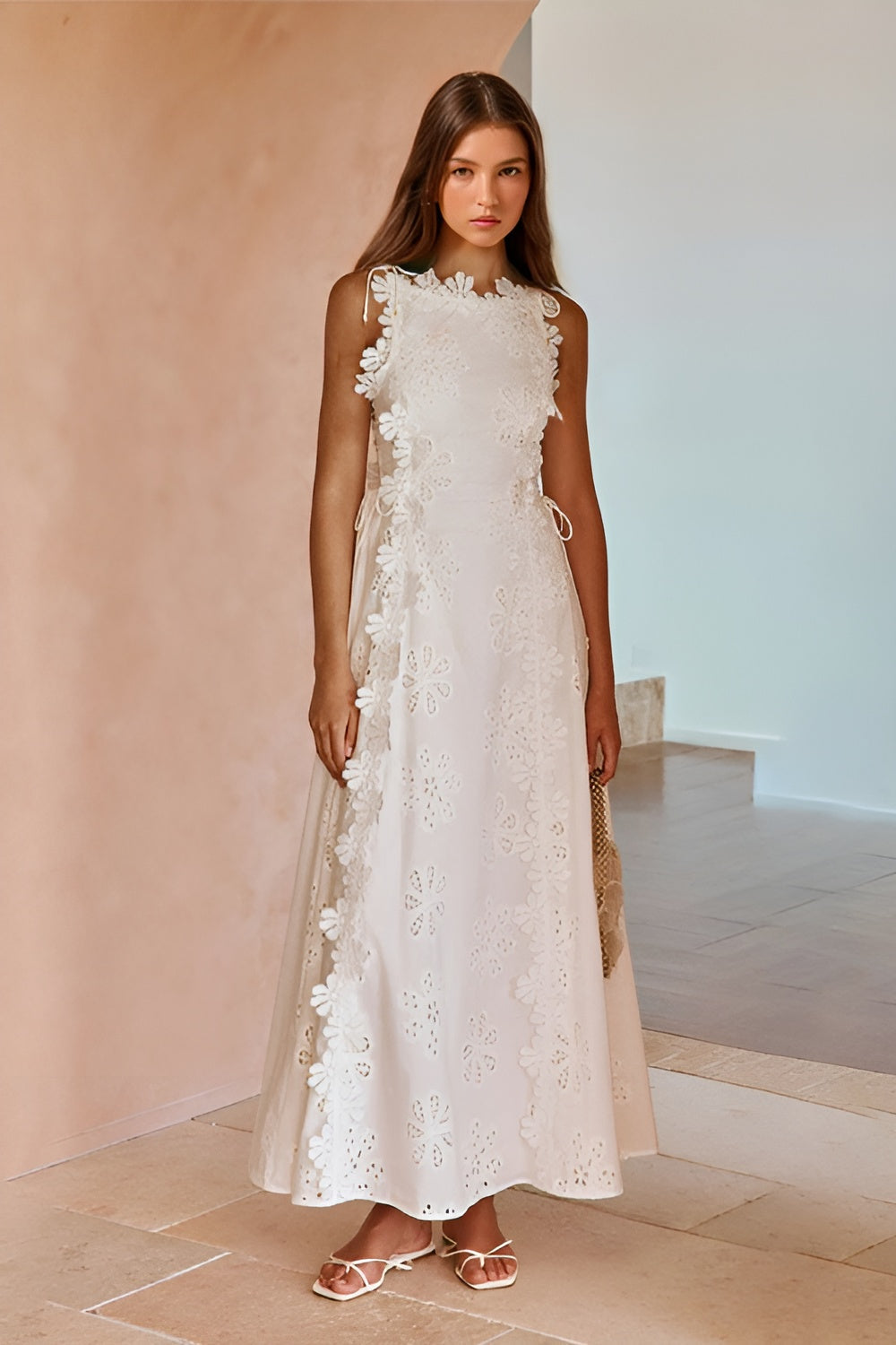 White eyelet lace maxi dress with high neckline and ruffled trim for women
