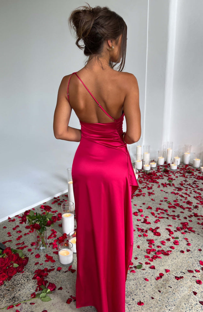 pink ruched maxi dress back view with open back straps