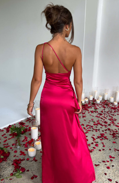 Magenta ruched maxi dress with open back and thin straps, floor-length silhouette