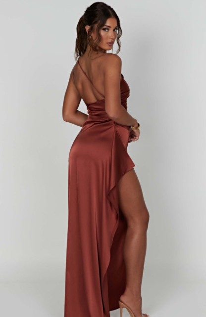 Burgundy ruched maxi dress back view showing open back design