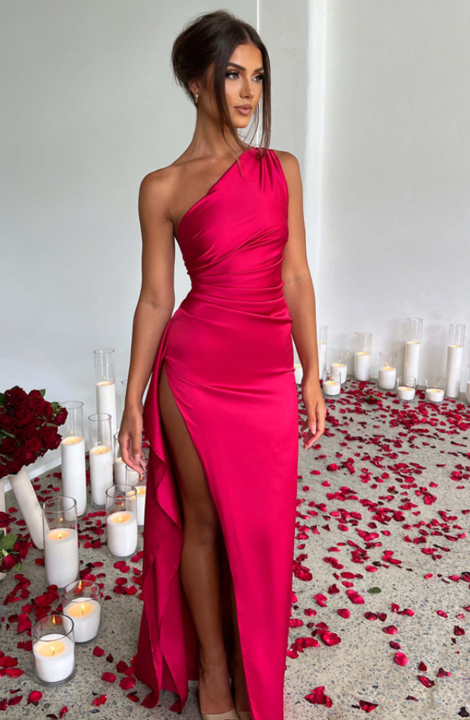 pink one-shoulder ruched maxi dress with high slit
