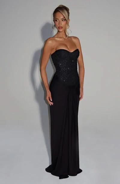 Black sequin sweetheart maxi dress full length