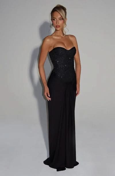 Black sequin sweetheart maxi dress full length