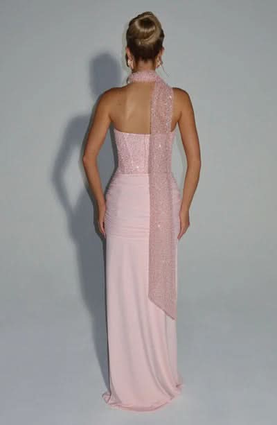 Blush pink sequin maxi dress back view with drape