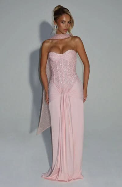 Blush pink sequin sweetheart maxi dress front view