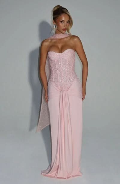 Blush pink sequin sweetheart maxi dress front view
