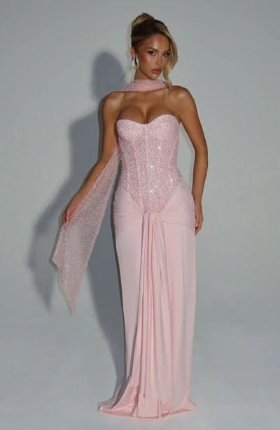 Blush pink sequin maxi dress with draped shawl detail