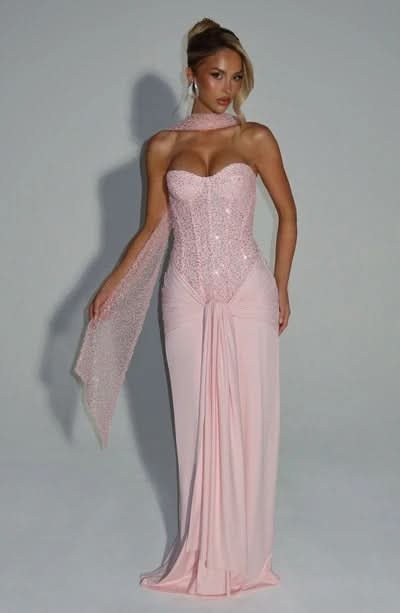 Blush pink sequin maxi dress with draped shawl detail