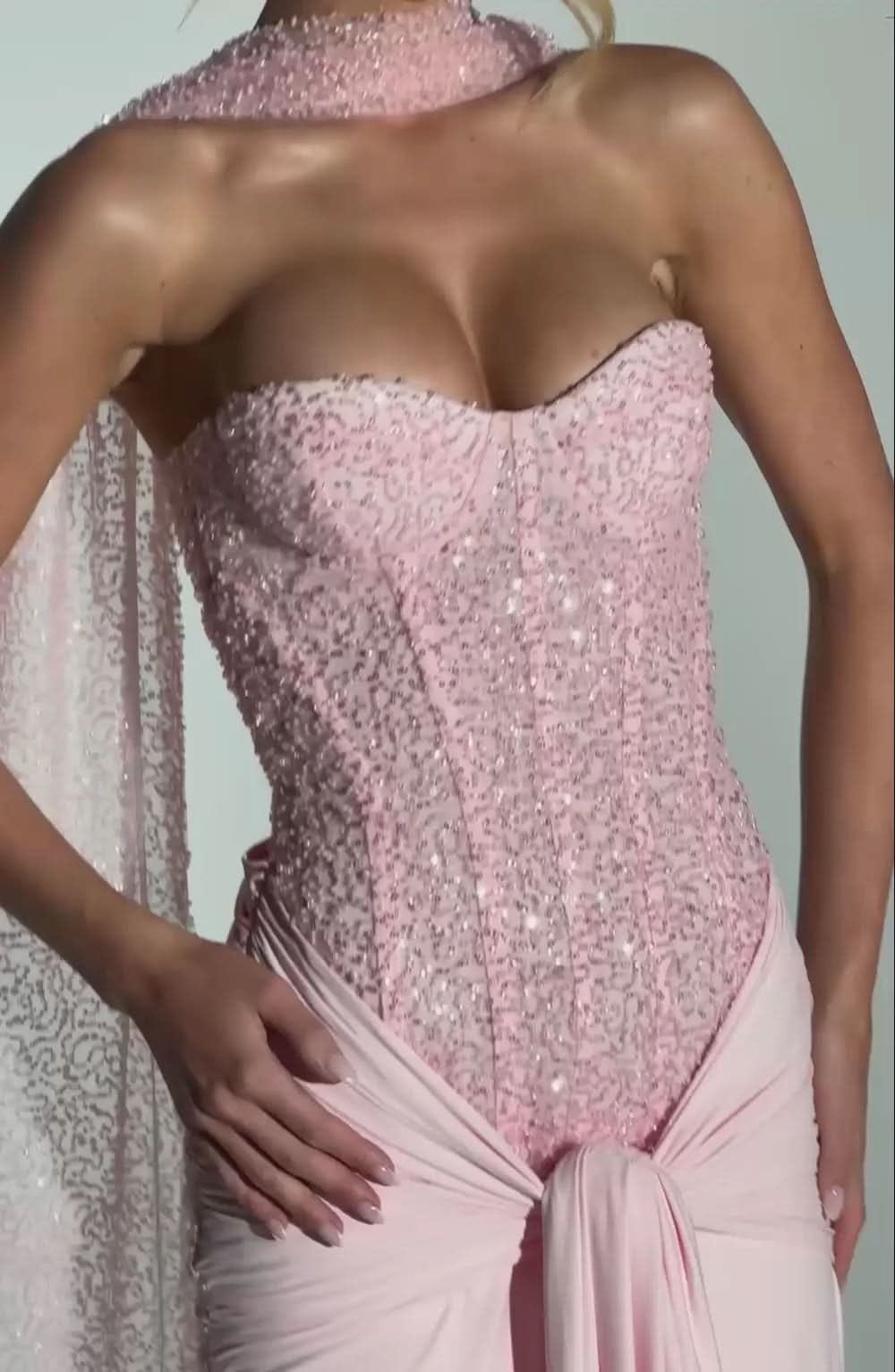 Blush pink sequin sweetheart bodice maxi dress detail