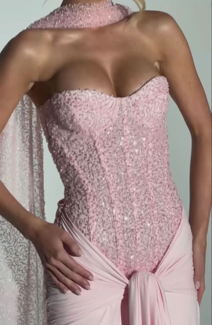 Blush pink sequin sweetheart bodice maxi dress detail