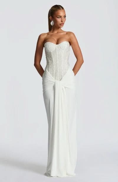 Ivory sequin sweetheart maxi dress with pleated skirt