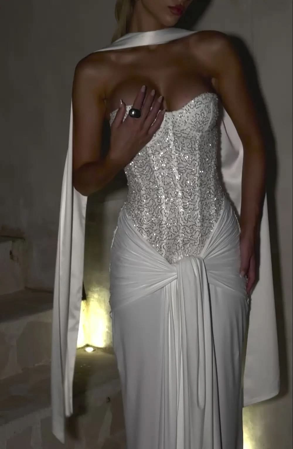 Ivory sequin strapless maxi dress with draped fabric detail