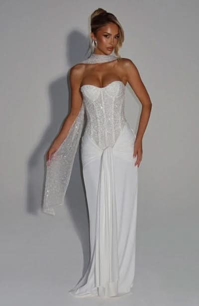 White sequin maxi dress with sheer cape overlay