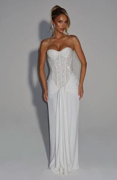 White sequin sweetheart maxi dress with flowing skirt