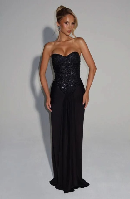 Black sequin sweetheart maxi dress with draped hem