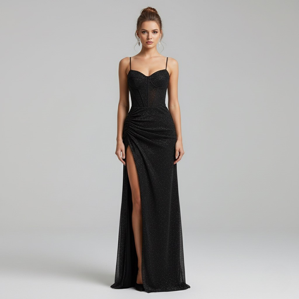 Black shimmer corset maxi dress with sweetheart neckline and side slit for formal occasions