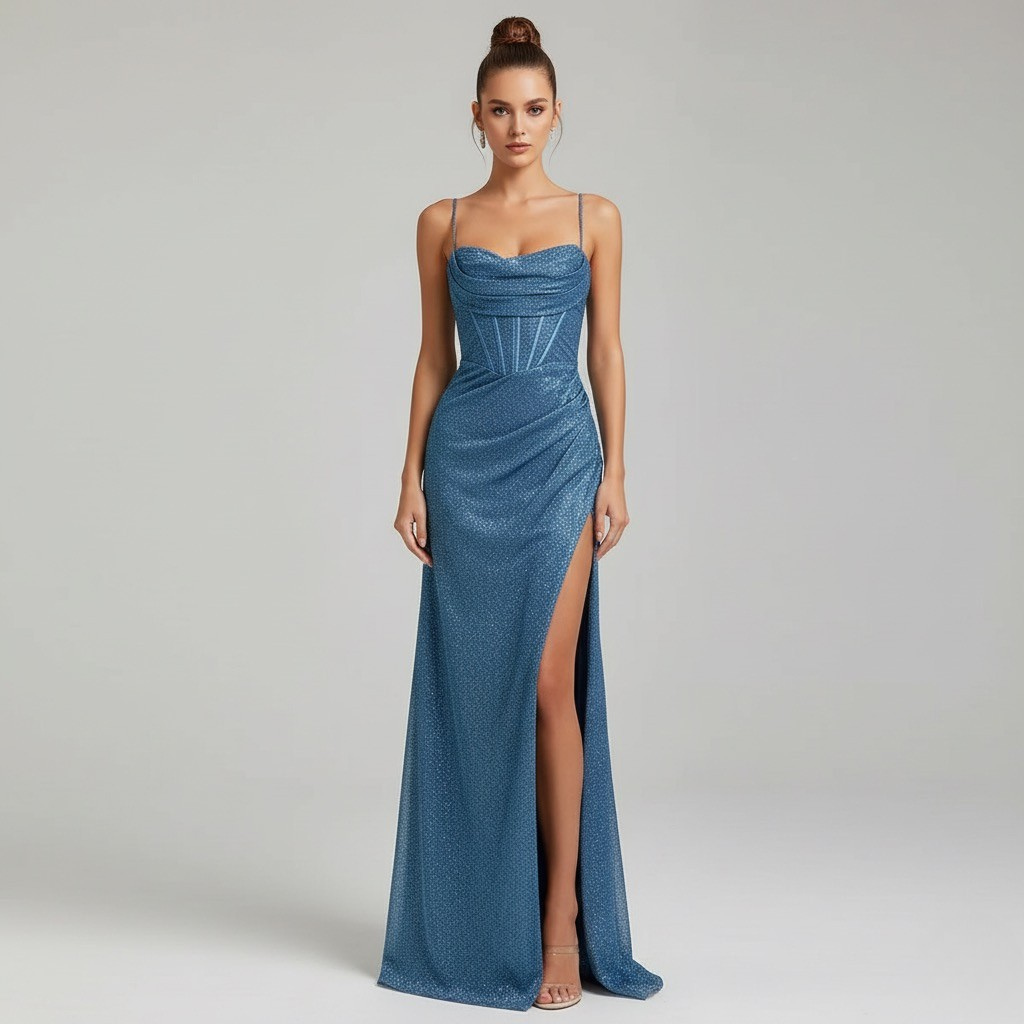 Teal blue ruched sweetheart maxi dress with corset bodice and high side slit for prom and events