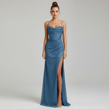Teal blue ruched sweetheart maxi dress with corset bodice and high side slit for prom and events