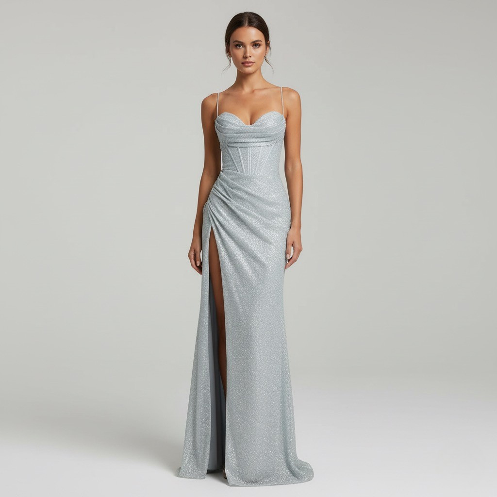 Silver shimmer maxi dress with sweetheart neckline, corset bodice, and high side slit for women