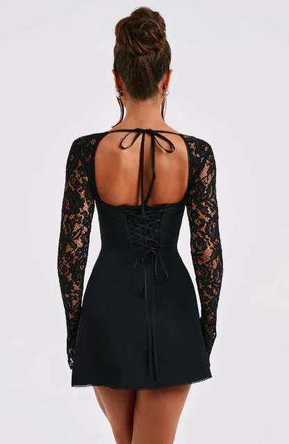 Ariadna Lace Sleeve Mini Dress - Black