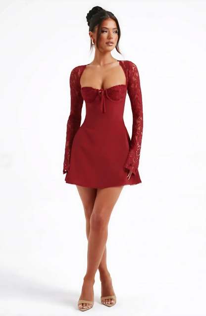 Ariadna Lace Sleeve Mini Dress - Deep Red