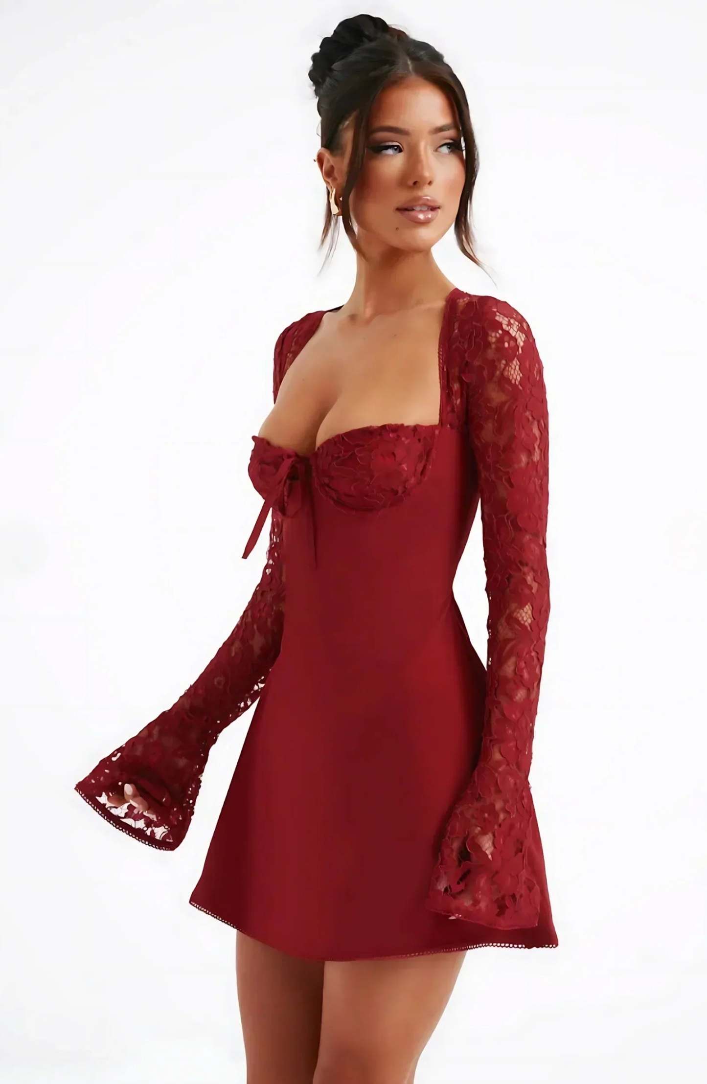 Ariadna Lace Sleeve Mini Dress - Deep Red