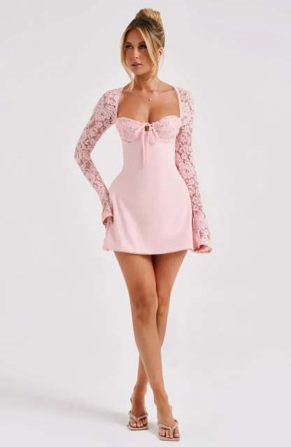 Ariadna Lace Sleeve Mini Dress - Light Pink