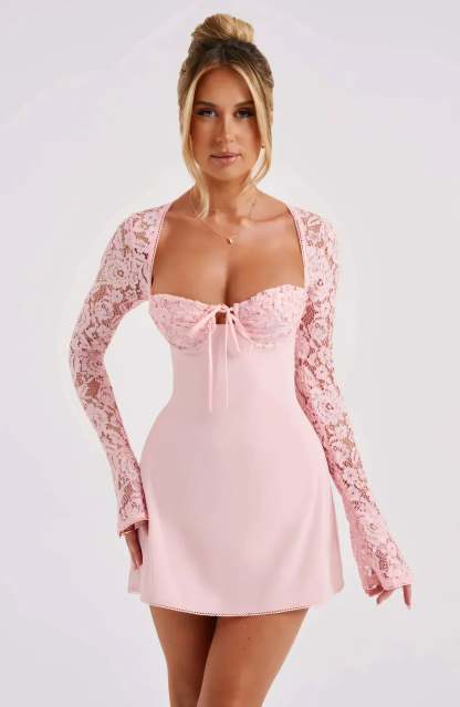 Ariadna Lace Sleeve Mini Dress - Light Pink