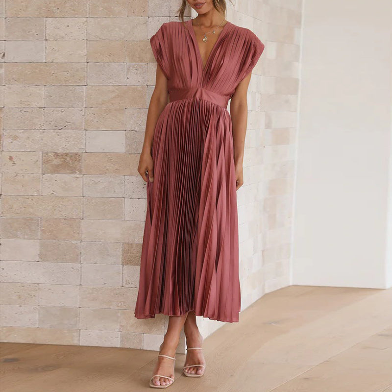 Mauve pleated midi dress front view with short sleeves