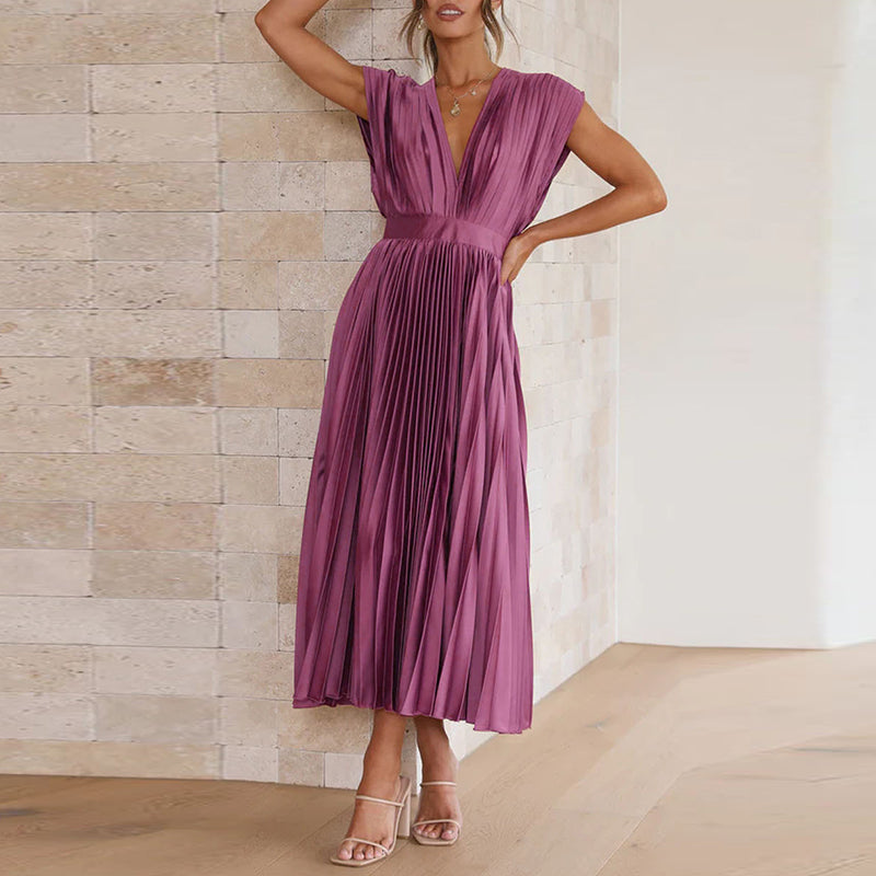 Purple pleated midi dress front view with short sleeves
