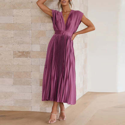 Purple pleated midi dress front view with short sleeves